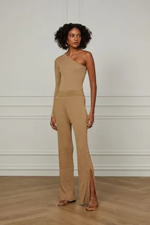 Animale Calça De Tricot Reta Basic Com Lurex Marrom Marrom Madeira