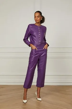 Animale Calca De Couro Cintura Alta Botoes Dourados Roxo Plum