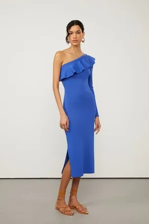 Animale Vestido De Tricot Midi Azul Um Ombro e Decote Babado Azul Cannes