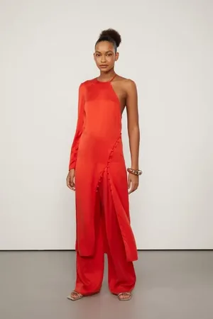 Animale Tunica De Seda Vermelho Fiery Um Ombro Vermelho Fiery