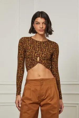Animale Blusa Cropped De Malha Decote Redondo e Manga Longa Detalhe Torção Estampada Est Textura Rabisco Figo