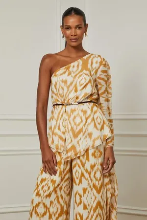 Animale Blusa De Georgette Estampada Um Ombro Só Com Manga Ampla Est Ikat Pipa Sunflower m