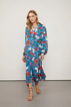 Animale Vestido De Georgette Pesado Midi Fluido Estampado Manga Longa Est Floral Sketch Color