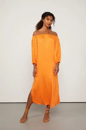 Animale Vestido Jacquard Midi Laranja Ombro a Ombro Laranja Vibrante
