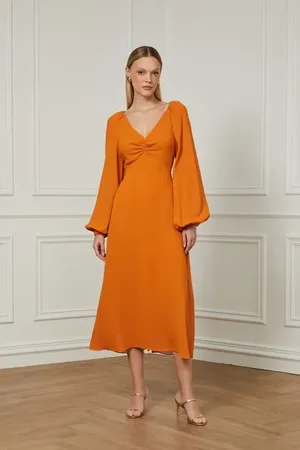 Animale Vestido Midi Com Decote v e Manga Longa Caramelo Caramelo Golden