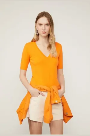Animale Blusa De Tricot Decote v Laranja Vibrante