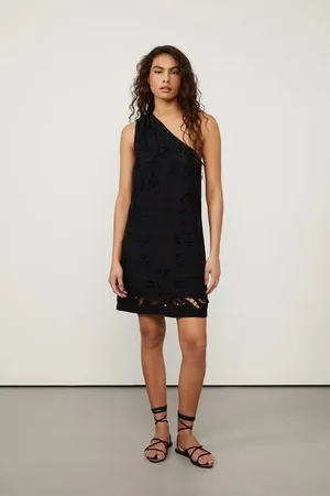 Animale Vestido De Linho Curto Preto De Richelieu Preto