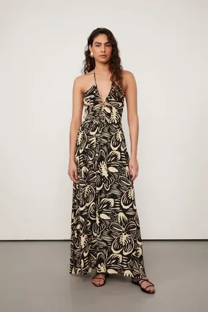 Animale Vestido Longo Decote Cruzado Floral Est Floral Sereno Preto e Flan m