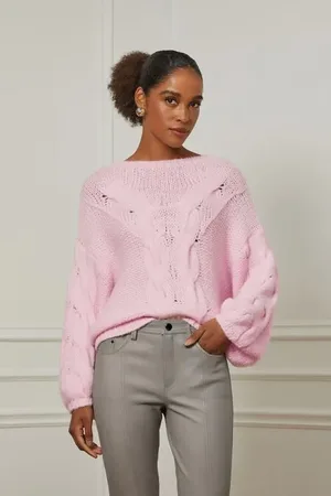 Animale Pull Oversized De Tricot Com Manga Trançada Rosa Rosa Doce