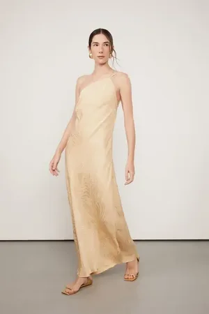 Animale Vestido Jacquard Longo Um Ombro Só Bege Amarração Costas Bege Golden