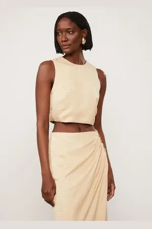 Animale Top Jacquard Cropped Bege Fenda Costas Bege Golden