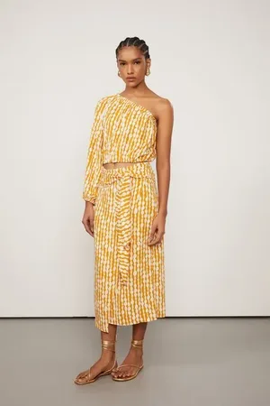 Animale Saia Midi Detalhe Amarração Frente De Viscose Estampada Est Listra Luar Dourado e Off