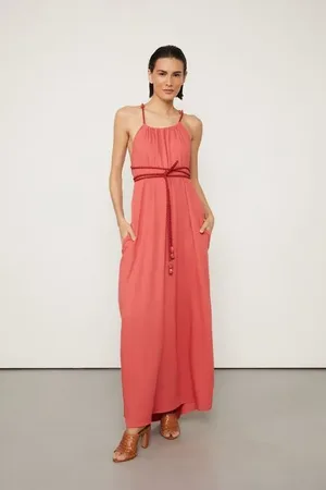 Animale Vestido Longo De Viscose Maquinetada Frente Única Amarração De Corda Vermelho Vermelho Argila