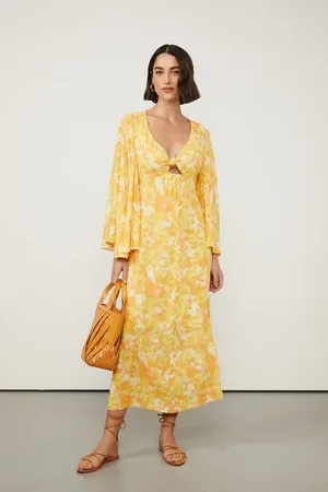 Animale Vestido Midi De Georgette Pesado Manga Ampla Com Recorte Estampado Est Floral Leve Narciso