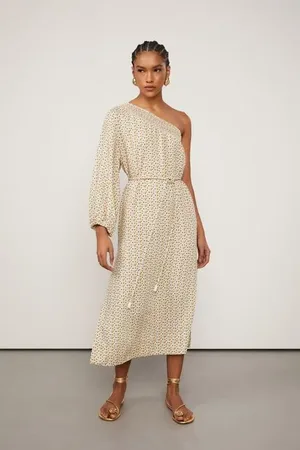 Animale Vestido Midi Amplo Manga 34 Decote Um Ombro Só Detalhe Lurex Estampado Est Textura Soleil Tofu e Dourado