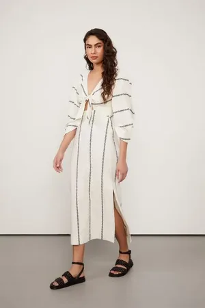 Animale Vestido Midi Manga Bufante Decote v Com Amarração De Jacquard Listrado OffGeo Caleidoscopio