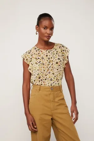 Animale Blusa De Georgette Leve Babados Estampada Est Onca Aquarela Biscoito