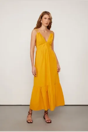 Animale Vestido Midi Frente Única Detalhe Amarração Costas De Algodão Amarelo Amarelo Dourado