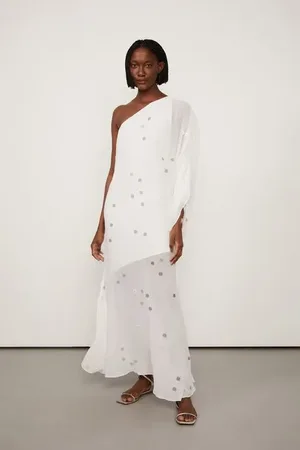 Animale Vestido Longo Branco Um Ombro Só Bordado Branco