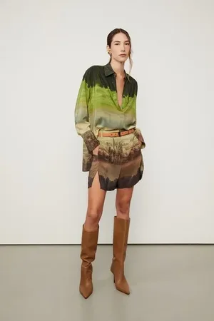 Animale Camisa De Georgette Leve Estampada Fenda Costas Est Loc Paisagem Cidade Color
