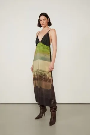 Animale Vestido De Seda Midi De Alça Estampado Fenda Lateral Est Loc Paisagem Cidade Color
