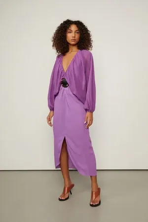 Animale Vestido De Georgette Leve Midi Roxo Manga Leque Com Cinto Roxo Mirtilo