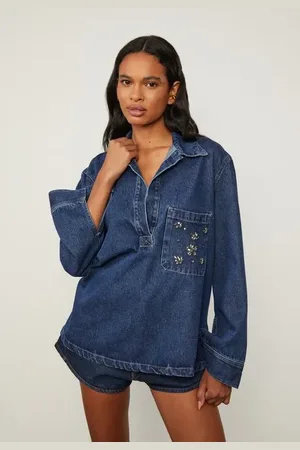 Animale Blusa Jeans Polo Com Bordado Jeans Escuro