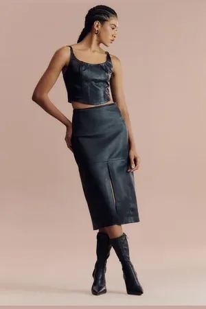 Animale Saia De Couro Stretch Midi Fenda Frontal Frontal Preto