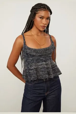 Animale Top De Tricot Tweed Alça Fivela Marinho Off White Lurex