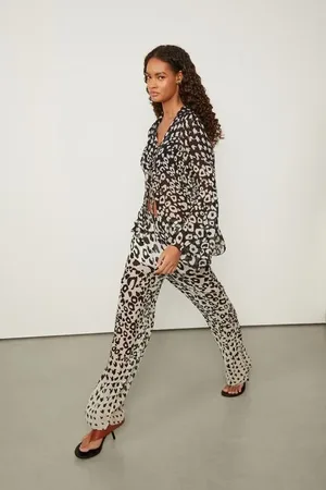 Animale Calça De Georgette Leve Flare Estampada Cós De Elástico Est Bar Sketch Cronos Branco e Preto