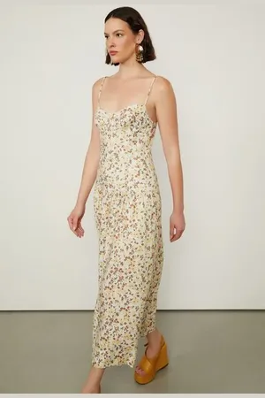 Animale Vestido Midi De Alcinha Com Linho Estampado Est Floral Jardim Creme