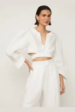 Animale Blusa Cropped De Linho Manga Bufante Detalhe Amarração Off Off