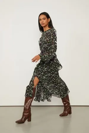 Animale Vestido De Georgette Leve Midi Assimétrico Estampado Manga Longa Est Floral Jardim Preto e Menta