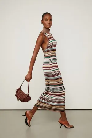 Animale Vestido De Tricot Lurex Listras Com Gola Alta Listrado Verde MarromCinza