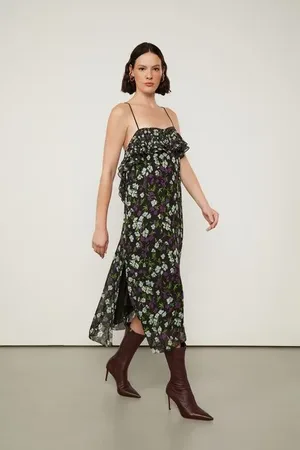 Animale Vestido De Georgette Leve Midi De Alça Estampado Amarração Costas Est Floral Jardim Preto e Menta