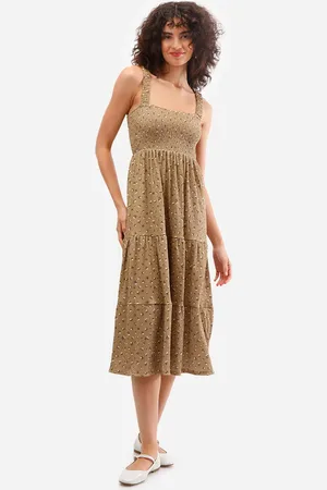 C&A Vestido midi feminino texturizado floral marrom