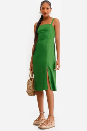 C&A Vestido midi com linho decote quadrado verde