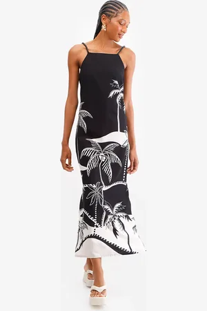 C&A Vestido midi feminino alça fina folhagens