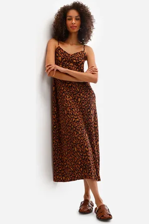 C&A Vestido midi feminino animal print texturizado marrom