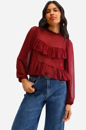 C&A Bata feminina de tule manga bufante com babados