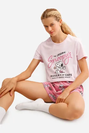 C&A Short doll feminino de algodão manga curta snoopy rosa