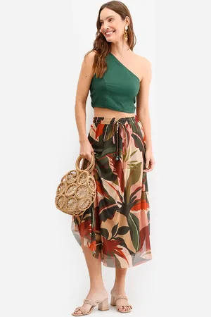 C&A Saia midi feminina de tule folhagens verde