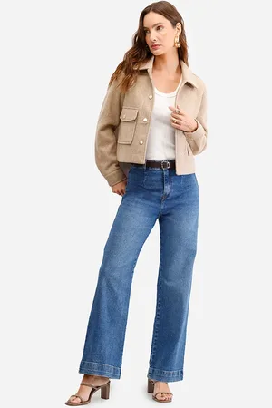 C&A Calça wide leg feminina jeans com cinto azul