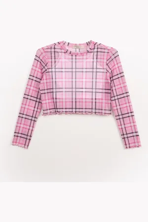 C&A Blusa juvenil de tule xadrez manga longa claro