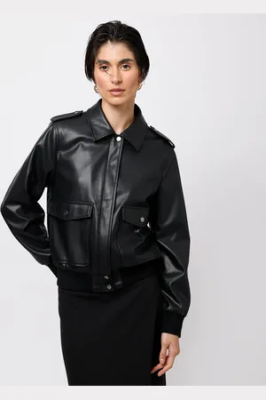 C&A Jaqueta bomber feminina de poliuretano mindset preta