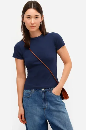 C&A Blusa de algodão canelada manga curta azul