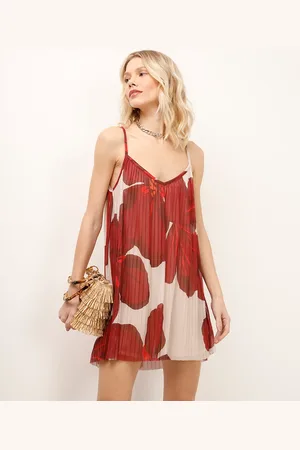 C&A Vestido curto de tule plissado floral vermelho