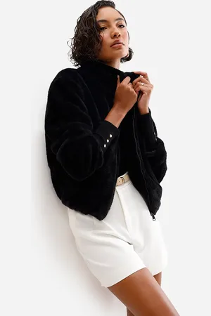 C&A Jaqueta bomber feminina de pelúcia preta