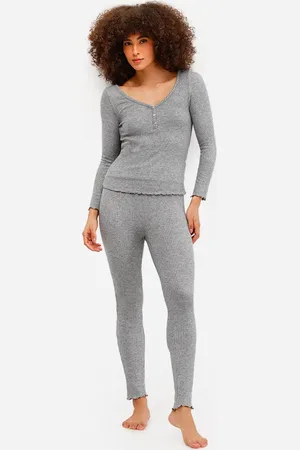 C&A Pijama longo feminino canelado com lurex cinza