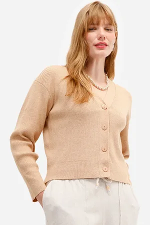 C&A Cardigan feminino canelado decote v bege